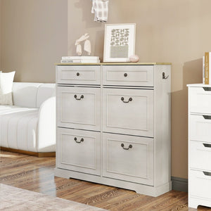 English Elm Shoe Storage Cabinet - Stylish Antique White Organizer With 4 Flip Drawers & Adjustable Shelf For Entryway W1120P290633-GIGA