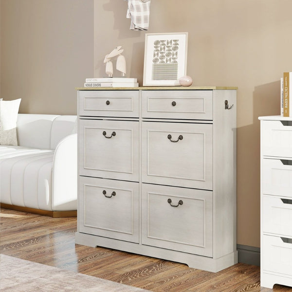 English Elm Shoe Storage Cabinet - Stylish Antique White Organizer With 4 Flip Drawers & Adjustable Shelf For Entryway W1120P290633-GIGA