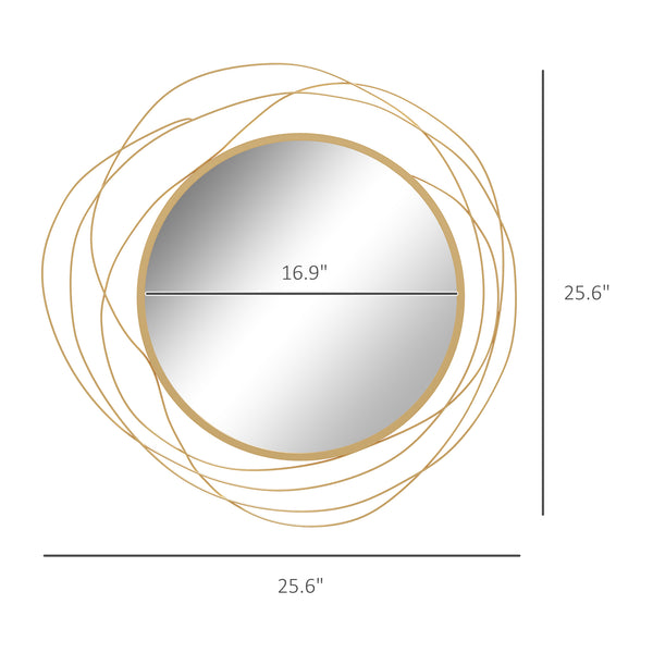 English Elm HOMCOM Round Metal Wall Mirror with Asymmetrical Frame, Thick Glass Reflective Art for Living Room Bedroom Dining Room Gold W2225P217274
