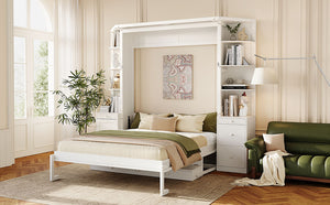English Elm Queen Murphy Bed with Integrated Desk Cabinet Storage Wall Unit for Home Office White LP000739AAK