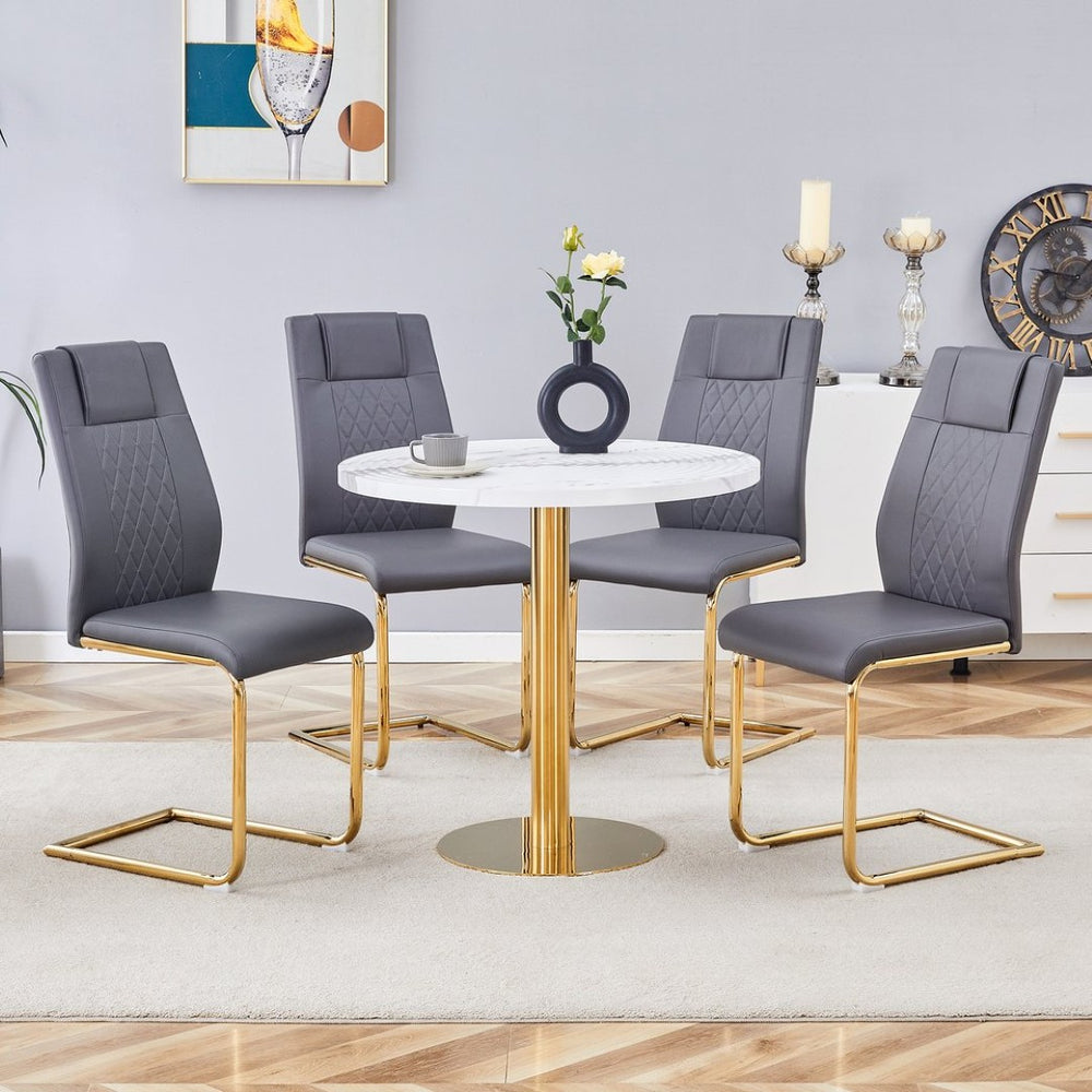 English Elm Table 5-Piece Set: Elegant 31.5-Inch Round Marble Dining Table With 4 Gray Pu Chairs & Gold Legs W1151S02493-GIGA