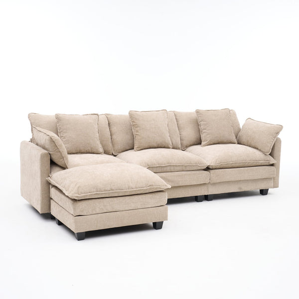 English Elm Beige Chenille Sectional Sofa with Modular Ottoman for Living Room or Studio Coffee W2603S00002