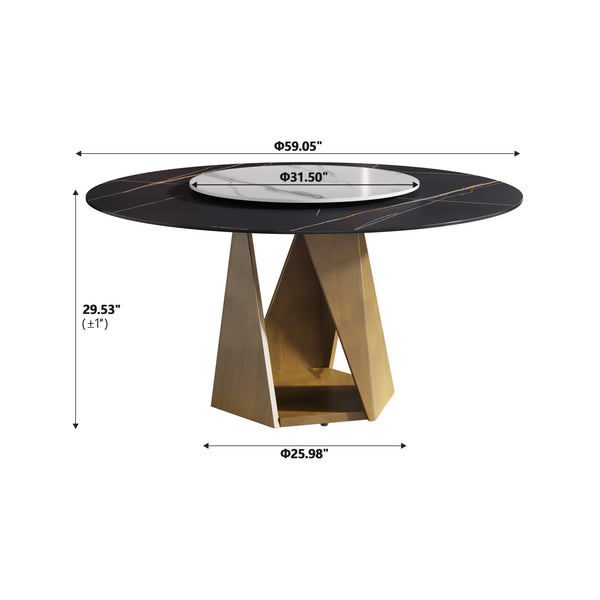 English Elm 59.05" Round Marble Dining Table With Elegant Bronze Base, Turntable For 6-8, Durable & Stylish Design W1535S00415
