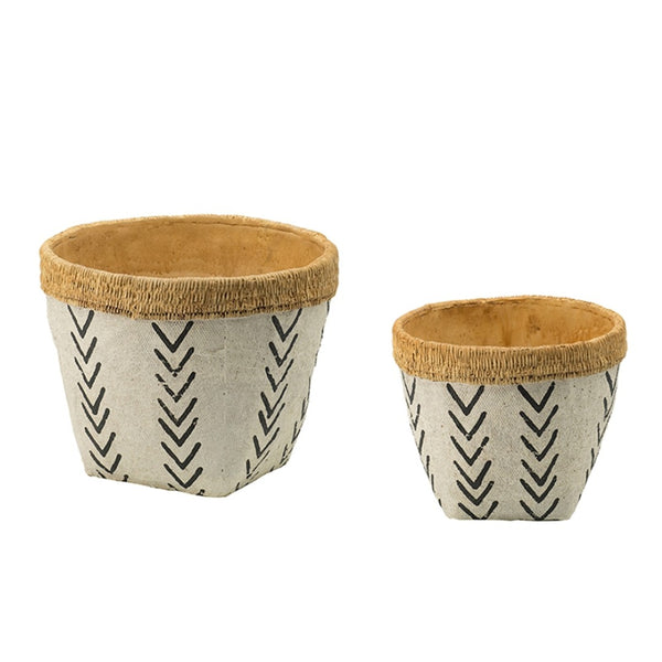 English Elm Set Of 2 Stylish White & Brown Cement Planters With Bold V Pattern For Indoor/Outdoor Plants W2078P322889-GIGA