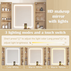 English Elm 43.5" Fluted Makeup Vanity with Led Mirror Glass Top Gold Hardware and Storage Stool Oak N704G202305N