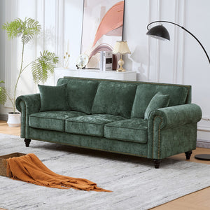 English Elm 86" Modern 3-Seater Sofa with Rolled Arms Chenille Upholstery, Nailhead Trim, Solid Wood Base for Living Room Comfort and Durability Green W3373S00042