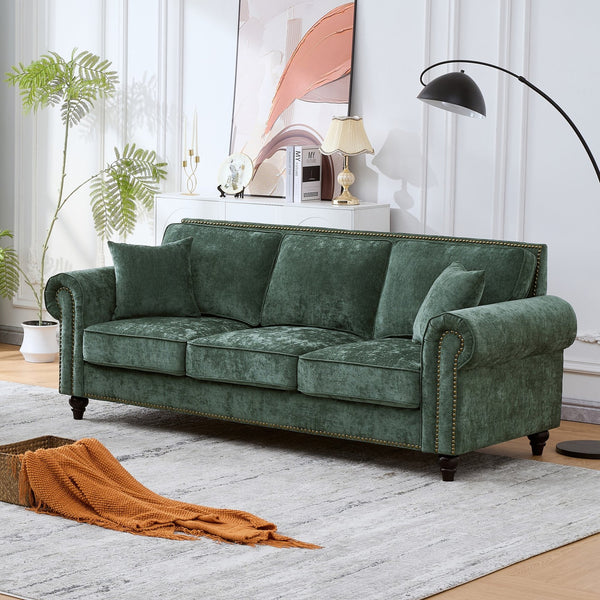 English Elm 86" Modern 3-Seater Sofa with Rolled Arms Chenille Upholstery, Nailhead Trim, Solid Wood Base for Living Room Comfort and Durability Green W3373S00042