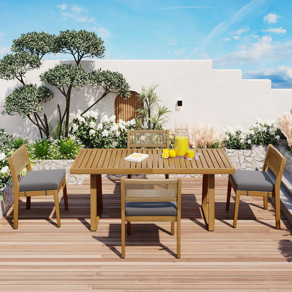 English Elm U_style Acacia Wood Outdoor Dining Set with Thick Cushions for Patio Garden Use WY000393AAE