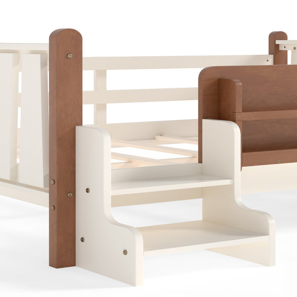 English Elm Twin Pine Floor Bed for Kids with Side Bookcases Built-in Stairs and Safety Guardrails Beige W1580P390220