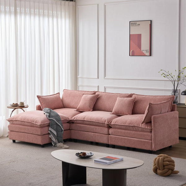 English Elm 105" L-shaped Chenille Sectional with Ottoman Pocket Spring Living Room Sofa Pink W1097S00232