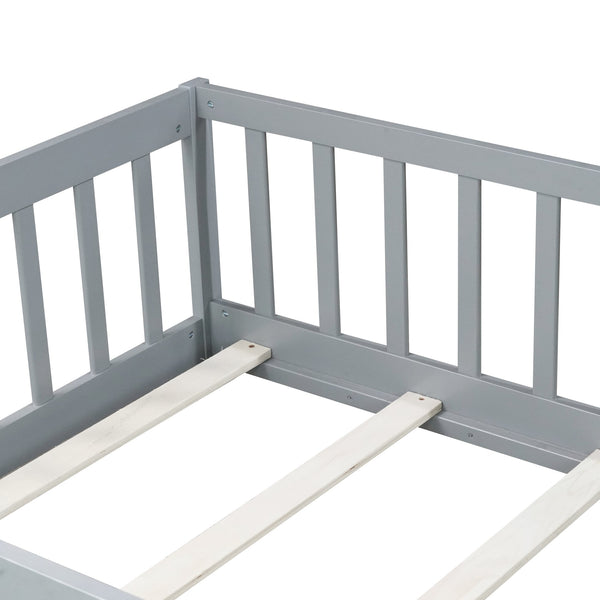 English Elm Twin Solid Rubberwood Floor Bed with Full Perimeter Safety Rails for Toddler Rooms Grey W504P296776