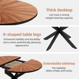 English Elm 47.2"-63" Extendable Round Dining Table Solid Wood Parquet Top Seats Six Walnut W3587S00002