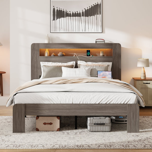 English Elm Bed Frame Queen Size With Led Light Headboard, Usb Charging, Noise-Free, Easy Assembly & Storage W636P288789