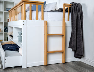English Elm Twin Captain Bed with Trundle, White & Light Oak Transitional Frame, Built-In Shelves & Ladder — Space-Saving Twin Storage Design B2741S00491