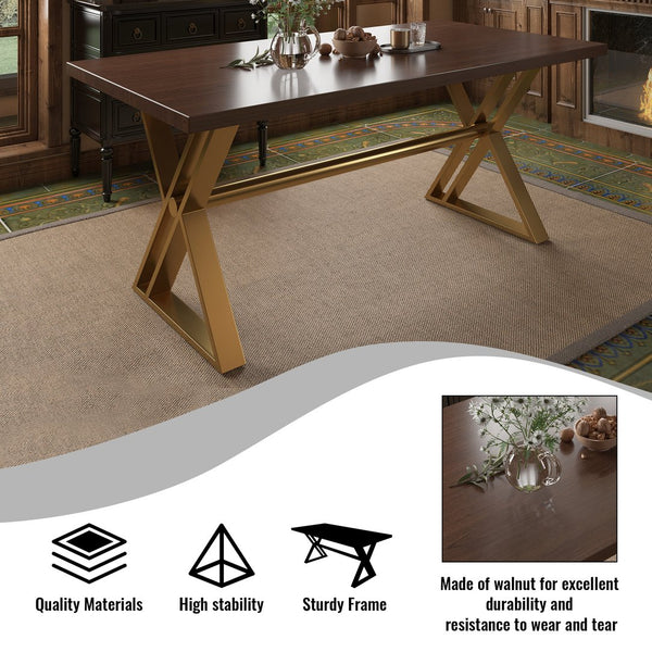 English Elm 70.8 Inch Walnut Top Dining Table with Brushed Gold Steel Base Seats Six T3609S00001