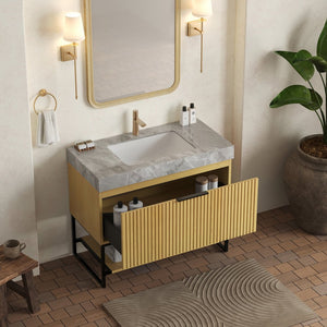 English Elm YOLAN 36" Bathroom Vanity with Integrated Solid Surface Basin, Pre-Assembled Plywood Cabinet, Soft-Close Drawer and Open Towel Shelf Black,Golden Oak,Light Gray,White W2615S00364