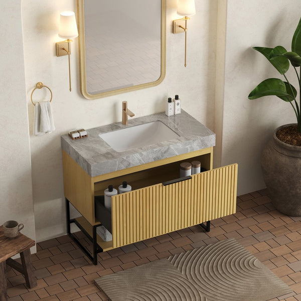 English Elm YOLAN 36" Bathroom Vanity with Integrated Solid Surface Basin, Pre-Assembled Plywood Cabinet, Soft-Close Drawer and Open Towel Shelf Black,Golden Oak,Light Gray,White W2615S00364