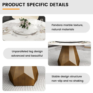 English Elm 53" Round Marble Dining Table With Metal Base - Elegant Design For 6, Includes 23.62" Turntable W1535S00454