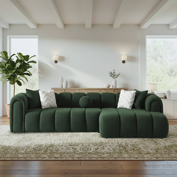 English Elm Beatrice Channel Tufted Boucle Sectional Sofa Deep Seating Modern Living Room Dark Green B183S00218