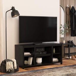 English Elm Parsons TV Stand for TVs up to 50" with ample open shelving, cord management, modern oak finish Black B2733P384489