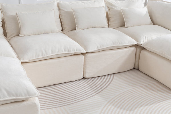 English Elm 129.8" Wide Modular Cloud Sectional Cotton Linen Sofa with Deep Foam Seats and Ottomans Antique White W2530S00016