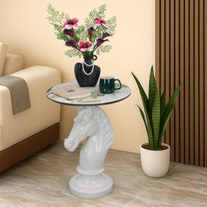 English Elm Horse Head Sculpted Resin End Table with Faux Marble Top for Bold Living Rooms White W5398P454678