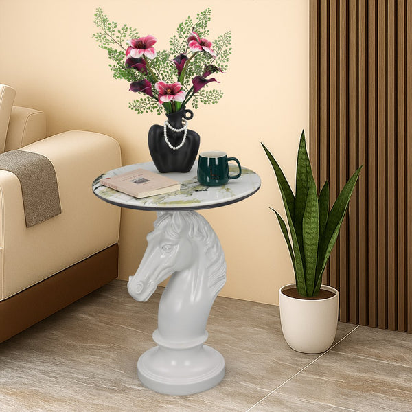 English Elm Horse Head Sculpted Resin End Table with Faux Marble Top for Bold Living Rooms White W5398P454678