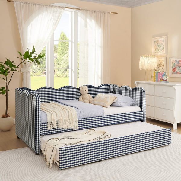 English Elm Cozy Twin Gingham Daybed with Trundle Sofa Bed, Linen Upholstery, USB Port, Wave Frame Design Navy W1413S00101