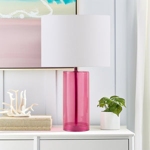 JLA Home 510 Design - Glass Neonova Table Lamp — Pink tempered-glass body, white drum shade, LED ambient light, modern bedside accent 5DS153-0051