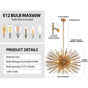 English Elm 29" Sputnik Chandelier Gold Iron 12 Arm Starburst Pendant Mid-century Foyer Light W1340P279982