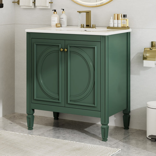 English Elm Christopher Knight Home® - 30" Bathroom Vanity with Sink Vintage Freestanding Ceramic Top Soft-Close Doors Gold Knobs, Storage Green N759P226000F