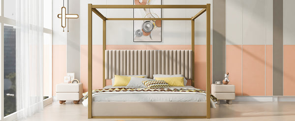 English Elm King Velvet Upholstered Four Poster Canopy Bed White Modern Bedroom Frame N7090002405A