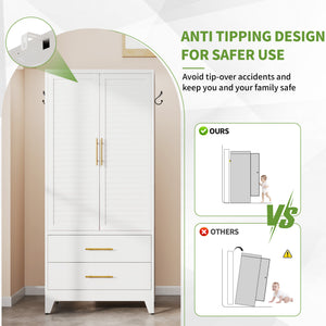 English Elm White Steel Freestanding Wardrobe Cabinet with Rod and Shelves for Dorm or Apartment T2398P480393
