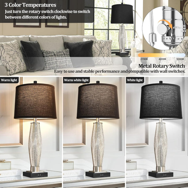 English Elm Table Rustic Farmhouse Bedside Lamps Set of 2 with Nightlight, 4-Way Rotary Switch, Linen Shade LED Black W3355P391317