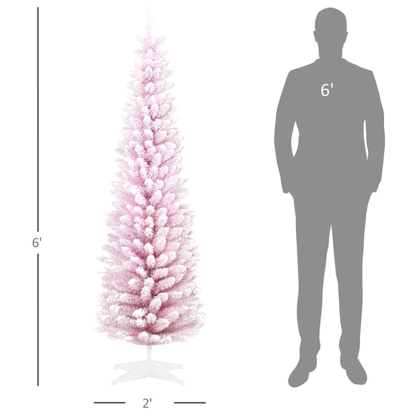 English Elm Homcom 6' Slim Pink Snow Flocked Pencil Christmas Tree For Indoor Decor - Realistic Branches & Easy Setup W2225P229529