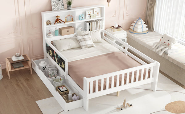 English Elm Full Solid Wood Platform Bed with Chalkboard Headboard, Storage Drawers & Shelves, Kid-Friendly White Off White W1580P362707