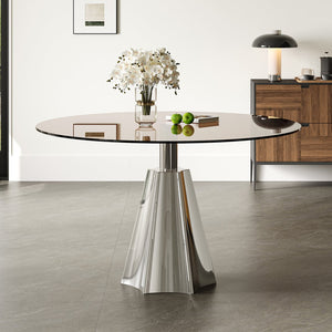 English Elm Compact Round Pedestal Dining Table Black Tempered Glass Mid-century Silver Base W2700S00080