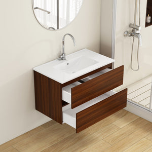 English Elm 32-Inch Wall-Mounted Bathroom Vanity With Soft-Close Drawers, Ceramic Sink, Walnut Finish, Easy Install W3151S00040