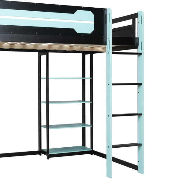 English Elm Full Size Loft Bed with Rgb Lighting Chevron Desk Usb Charging Ports and Storage Shelves Black+Blue LT000286AAC
