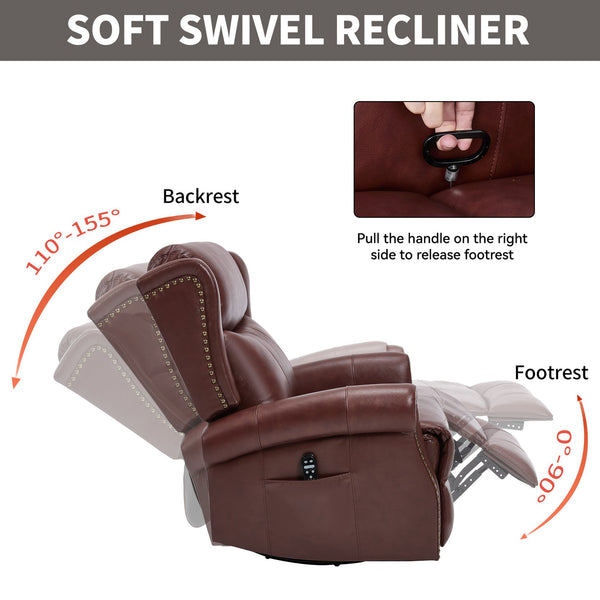English Elm Heat Massage Rocker Swivel Recliner Genuine Leather Chair with Lumbar Vibration Nodes W3224S00014