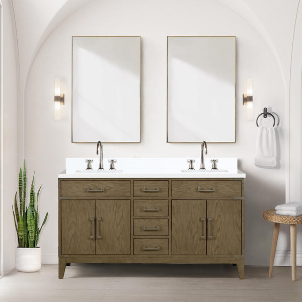 English Elm Grey Oak Double Bath Vanity 60" W X 22" D With Cultured Marble Top, Soft-Close Drawers & Storage B2731P259854
