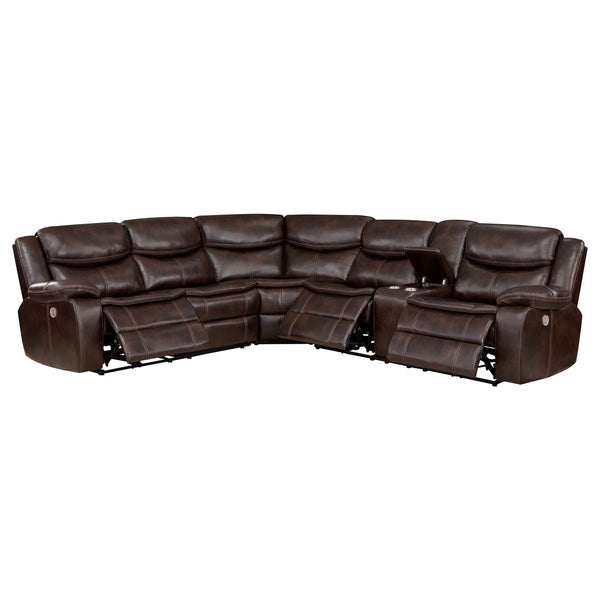 English Elm McLean Dark Brown Power Reclining Sectional Sofa with Faux Leather, Pillowtop Arms & Storage Console B062S01117