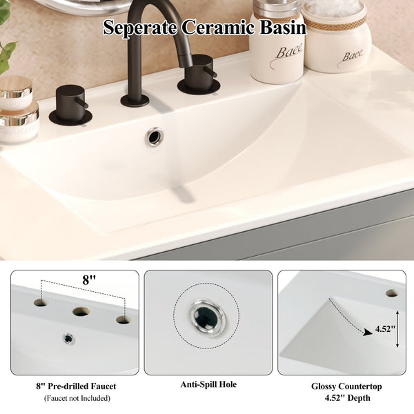 English Elm Christopher Knight Home® - 30" Bathroom Vanity with Ceramic Sink, 2 Soft-Close Full-Extension Drawers, Handle-Free 45° Design, Durable MDF Gray N817P280549G