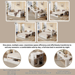 English Elm Full Size Daybed with Hydraulic Desk Armrests Storage Drawer and Sofa Seating White LT000271AAK