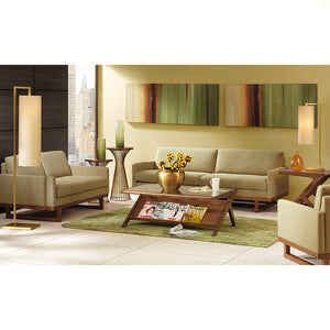 JLA Home INK+IVY - wood Mid-Century Tempered Glass Coffee Table with Angled Base, Open Shelf, Warm Finish — 42" wide IIF17-0045