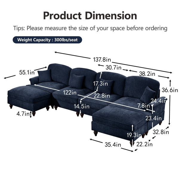 English Elm Classic U-Shape 4-Seater Modular Sectional Sofa In Soft Chenille With Ruffled Skirts & Spindle Legs W3041S00262