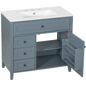 English Elm 36-Inch Blue Gray Modern Bathroom Vanity With Durable Rubberwood Cabinet, Sink & 3 Drawers For Storage N725P350821E