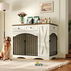 English Elm Go Farmhouse Wooden Dog Crate End Table with 3 Drawers and Built-in Pet Feeder N704P371282D