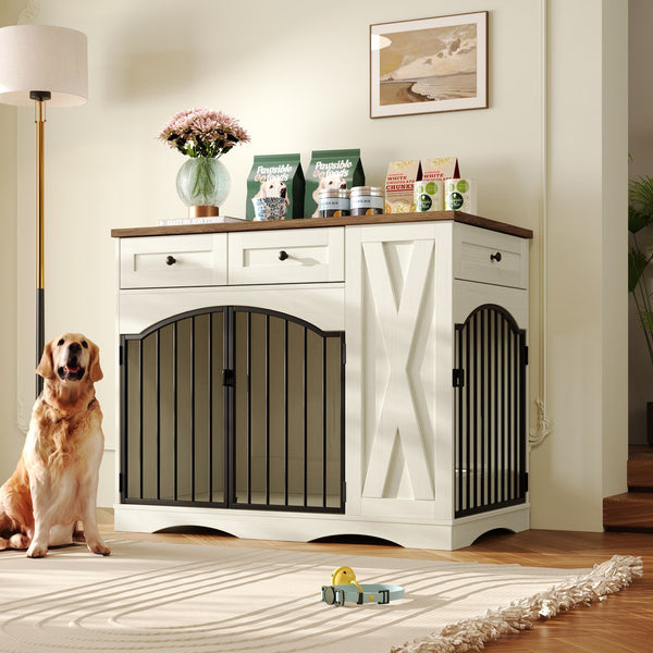 English Elm Go Farmhouse Wooden Dog Crate End Table with 3 Drawers and Built-in Pet Feeder N704P371282D