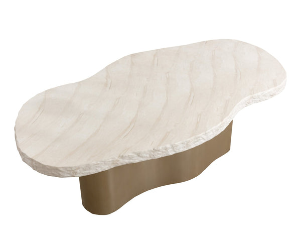 Sunpan IDRIS Dining Table - Modern Concrete Outdoor Centerpiece with Faux Travertine Top & Brass Base 112216